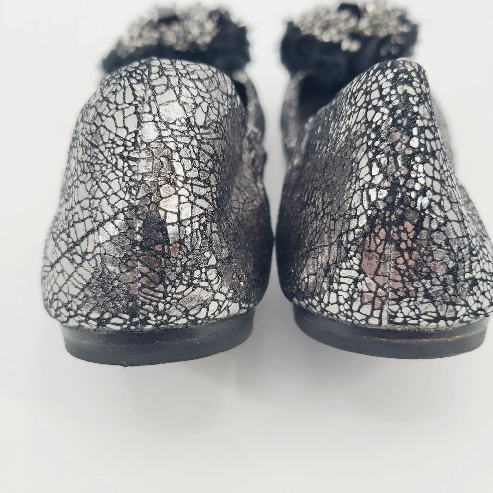 Tory Burch Crackle Leather Amelia Jeweled Crystal‎ Bow Round Toe Flats Size 7M